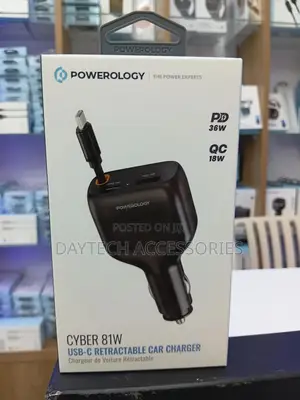 The Powerology Cyber 81w Usb-C Retractable Car Charger - Black