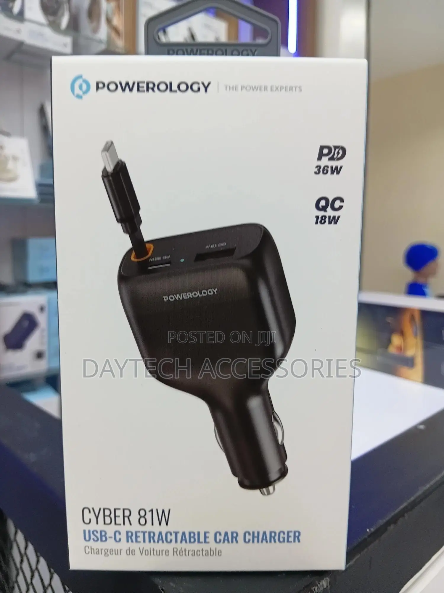 The Powerology Cyber 81w Usb-C Retractable Car Charger - Black