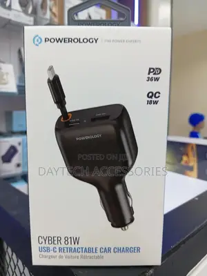 The Powerology Cyber 81w Usb-C Retractable Car Charger - Black
