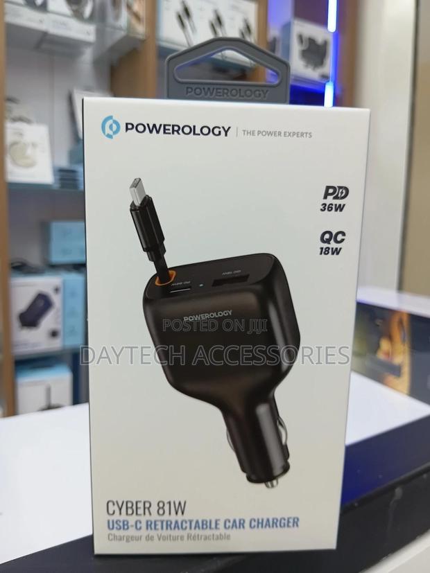 Powerology Cyber 81w Usb C Retractable Dual Port Fast Car Charger.