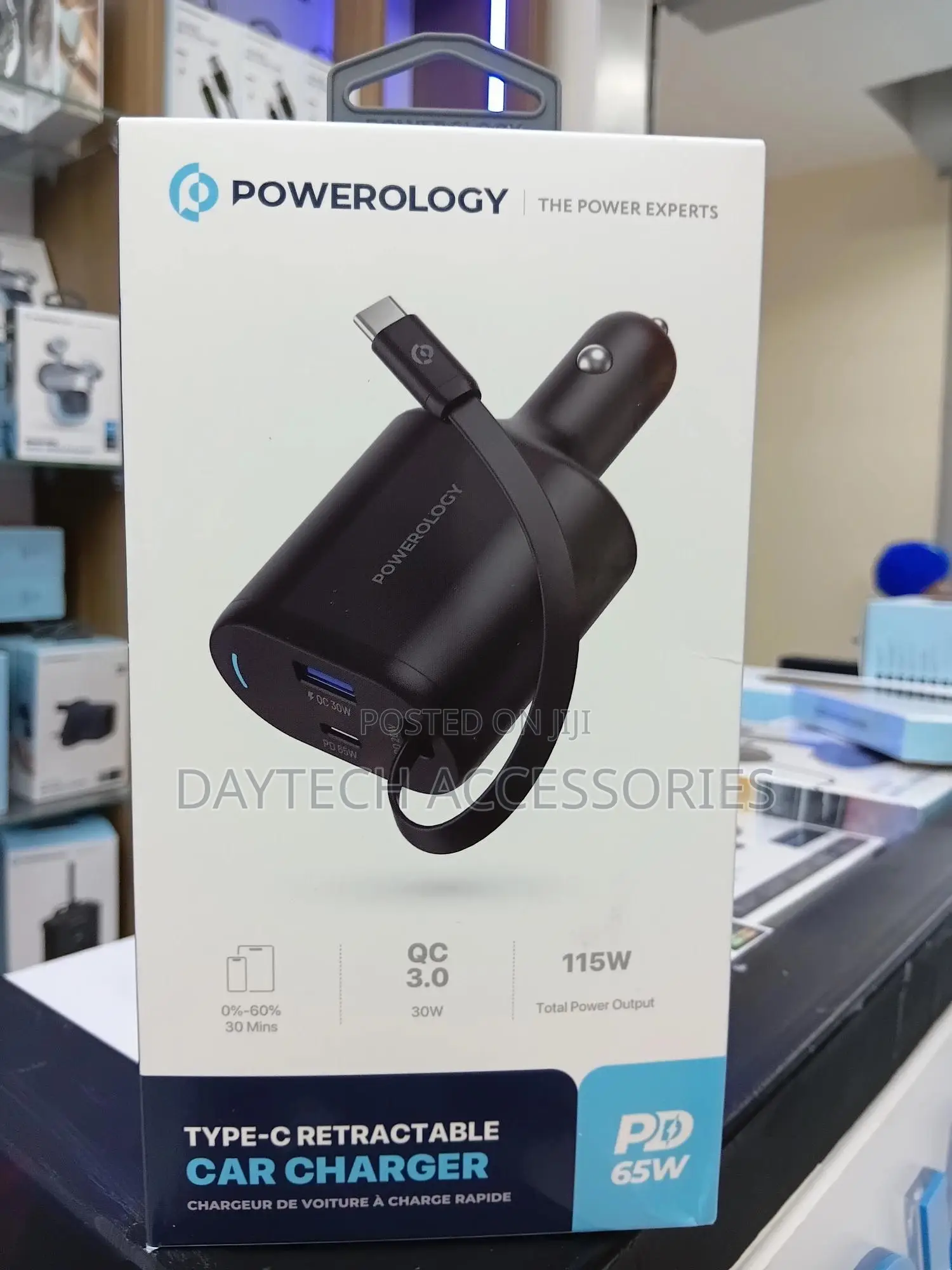 Powerology 115w Type-C Retractable Car Charger.