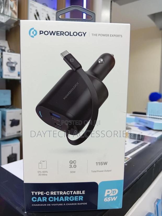 Powerology 115w Type-C Retractable Car Charger.