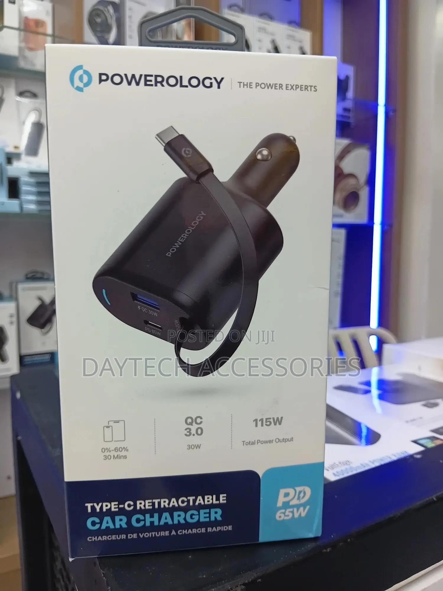 Powerology 115w Type-C Retractable Car Charger.