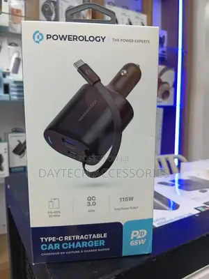 Powerology 115w Type-C Retractable Car Charger.