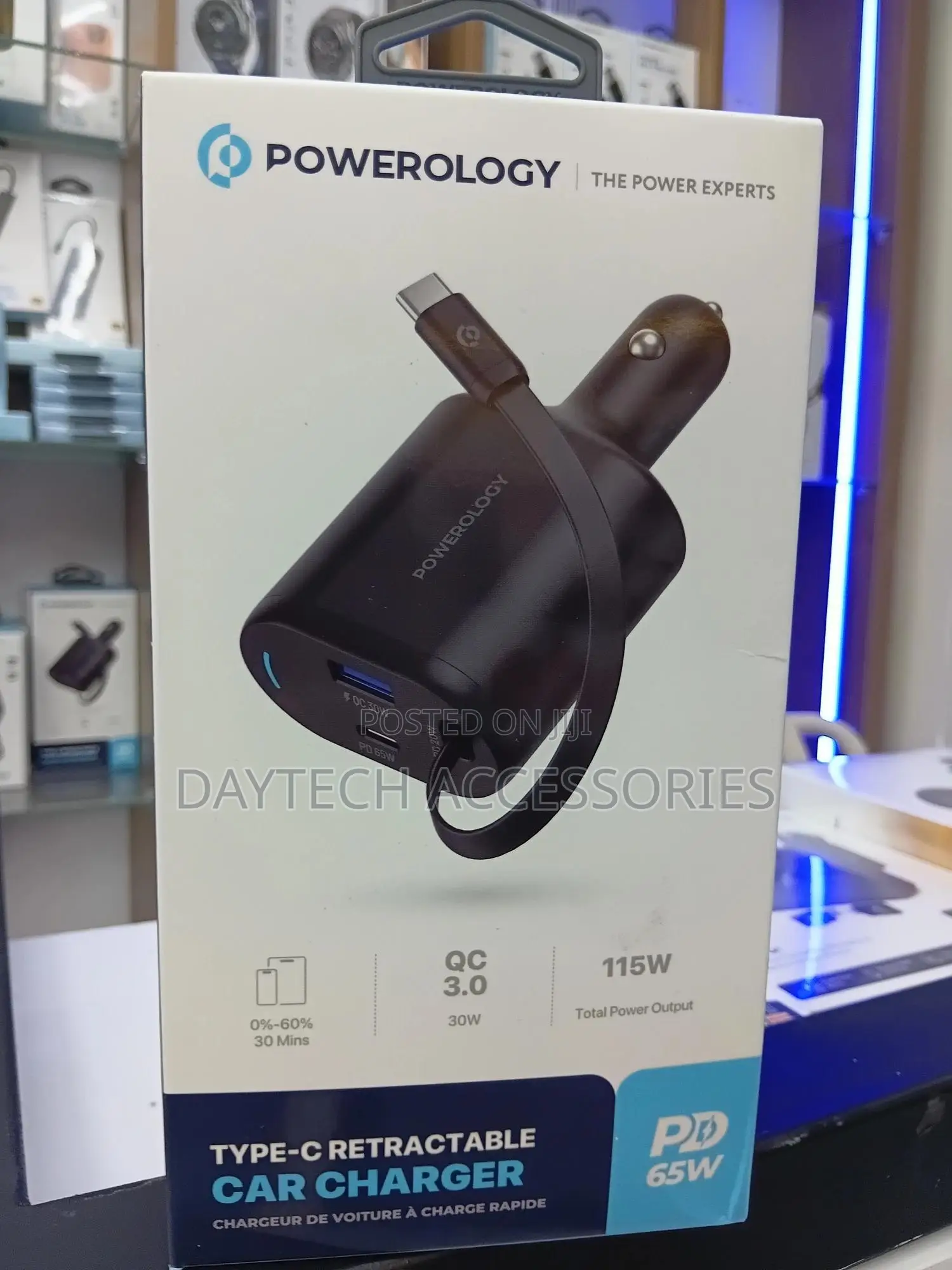 Powerology 115w Type-C Retractable Car Charger.