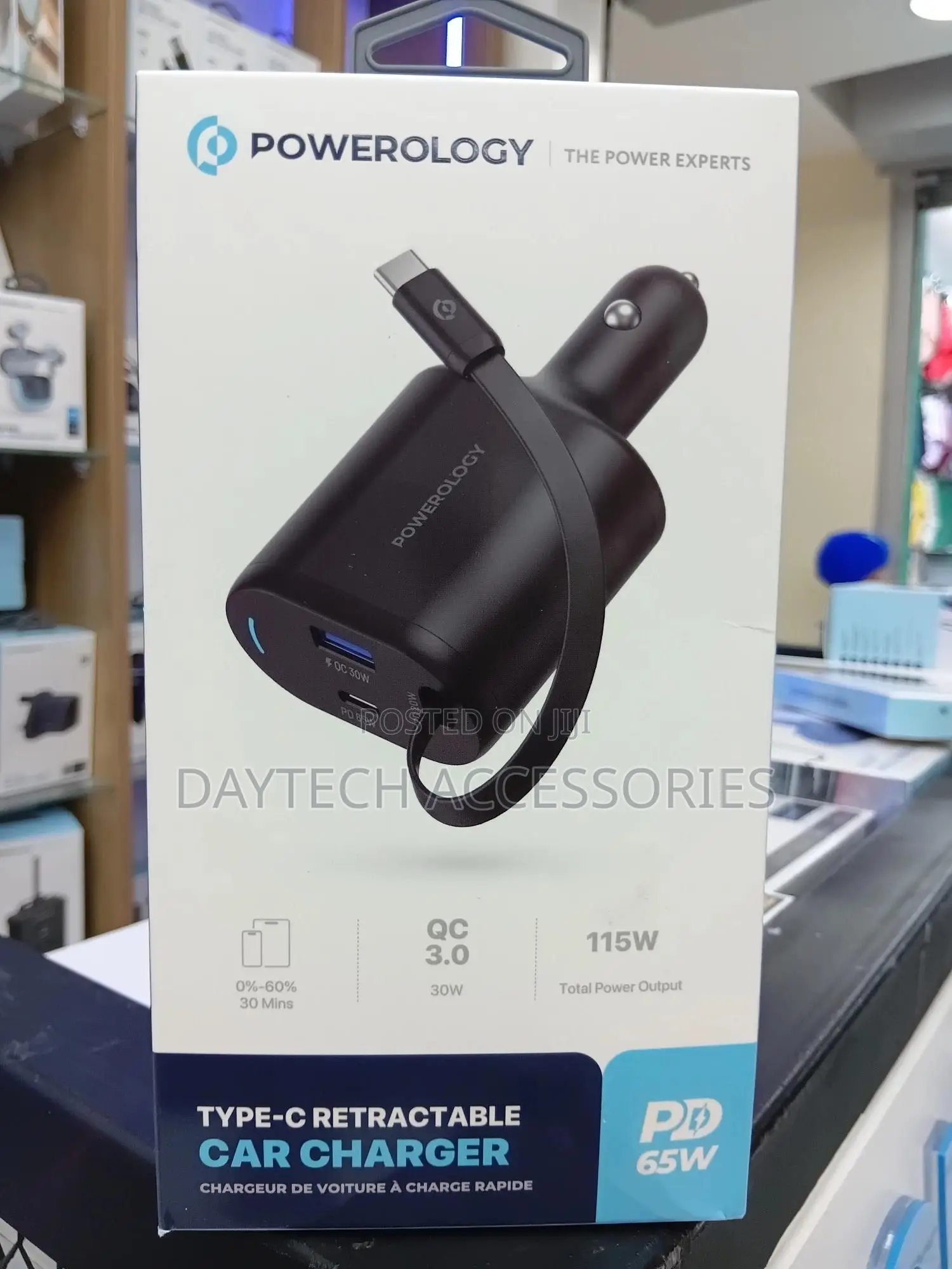 Powerology Type-C Retractable Car Charger 115w - Black