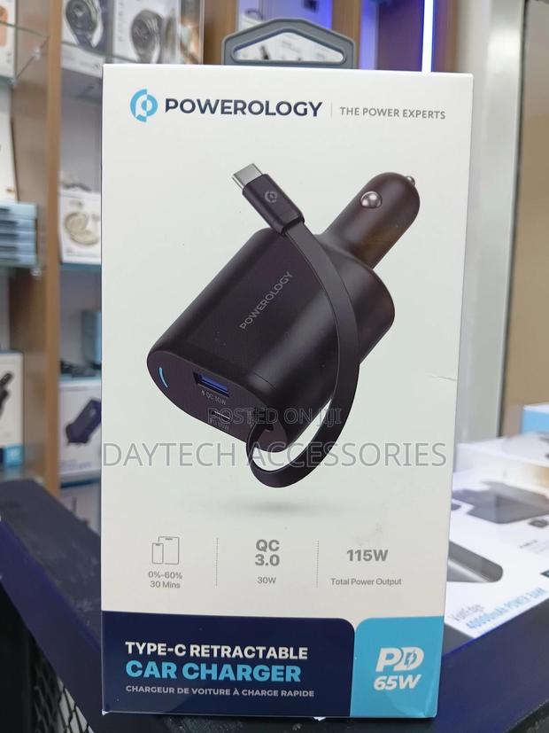 Powerology Type-C Retractable Car Charger 115w Total Power Output