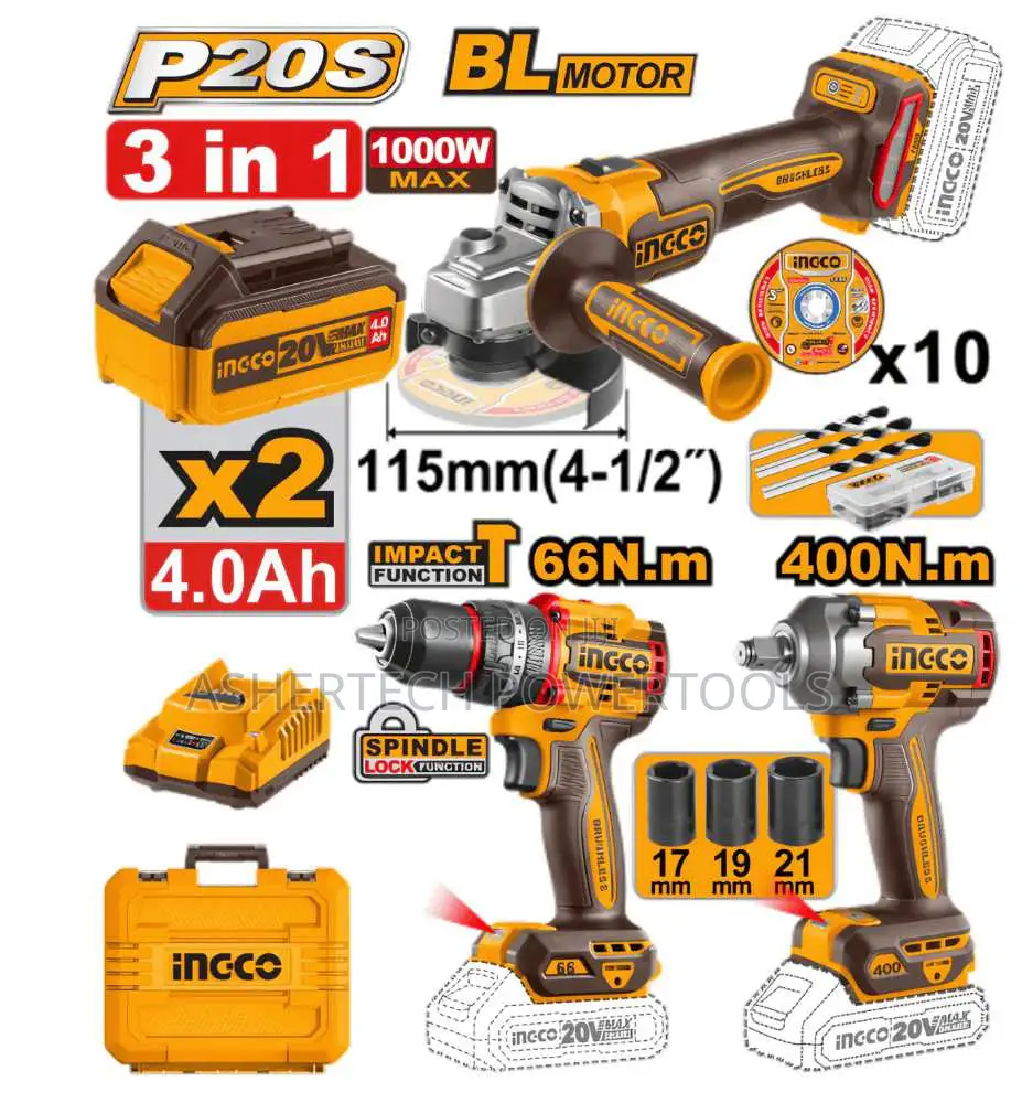 Ingco Cosli241291 Cordless 3 PCS Combo Kit 3 in 1