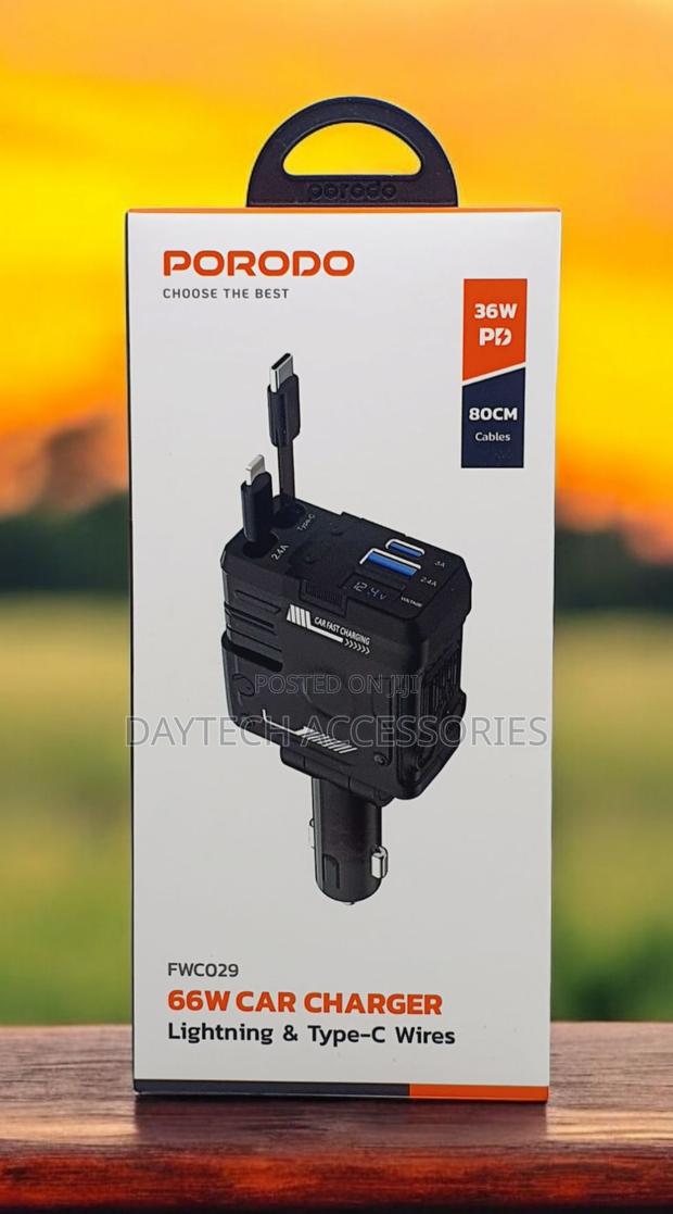 Porodo 66w Car Charger With Lightning and Type C Cable Black