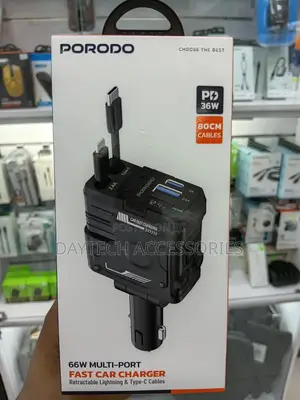 Porodo 66w Fast Car Charger With Retractable Lightning and Type-C.