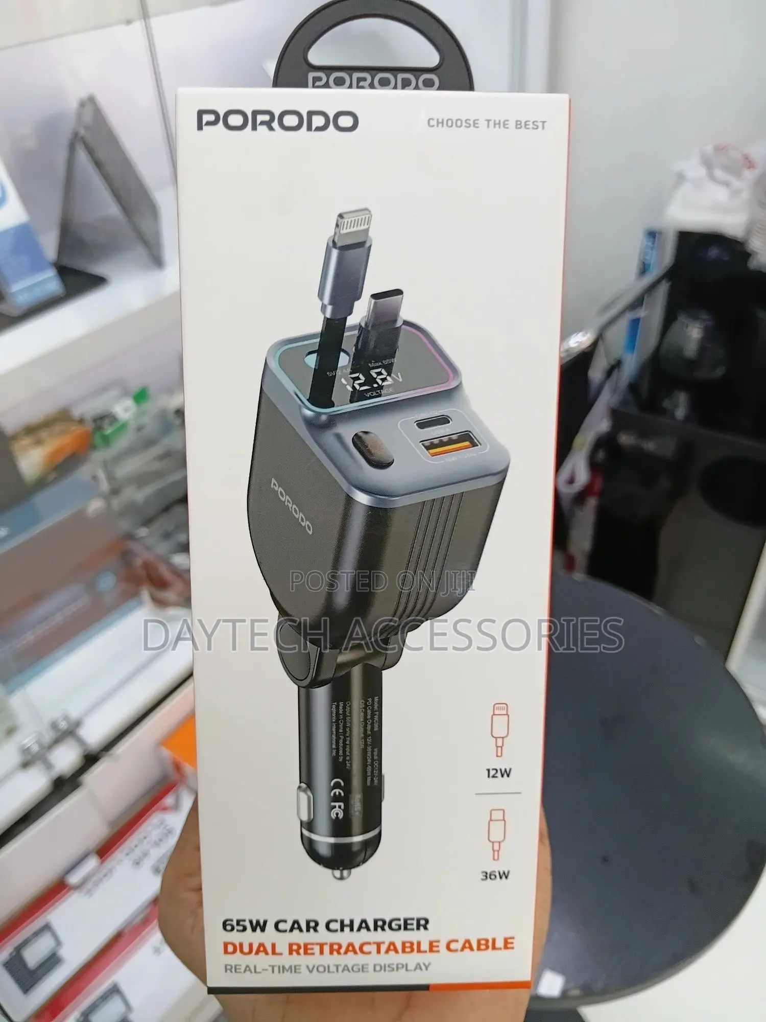 The Porodo 65w Car Charger With Dual Retractable Cables.