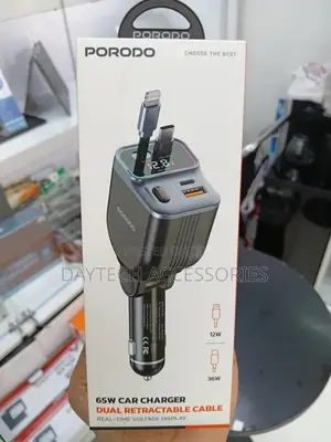 The Porodo 65w Car Charger With Dual Retractable Cables.