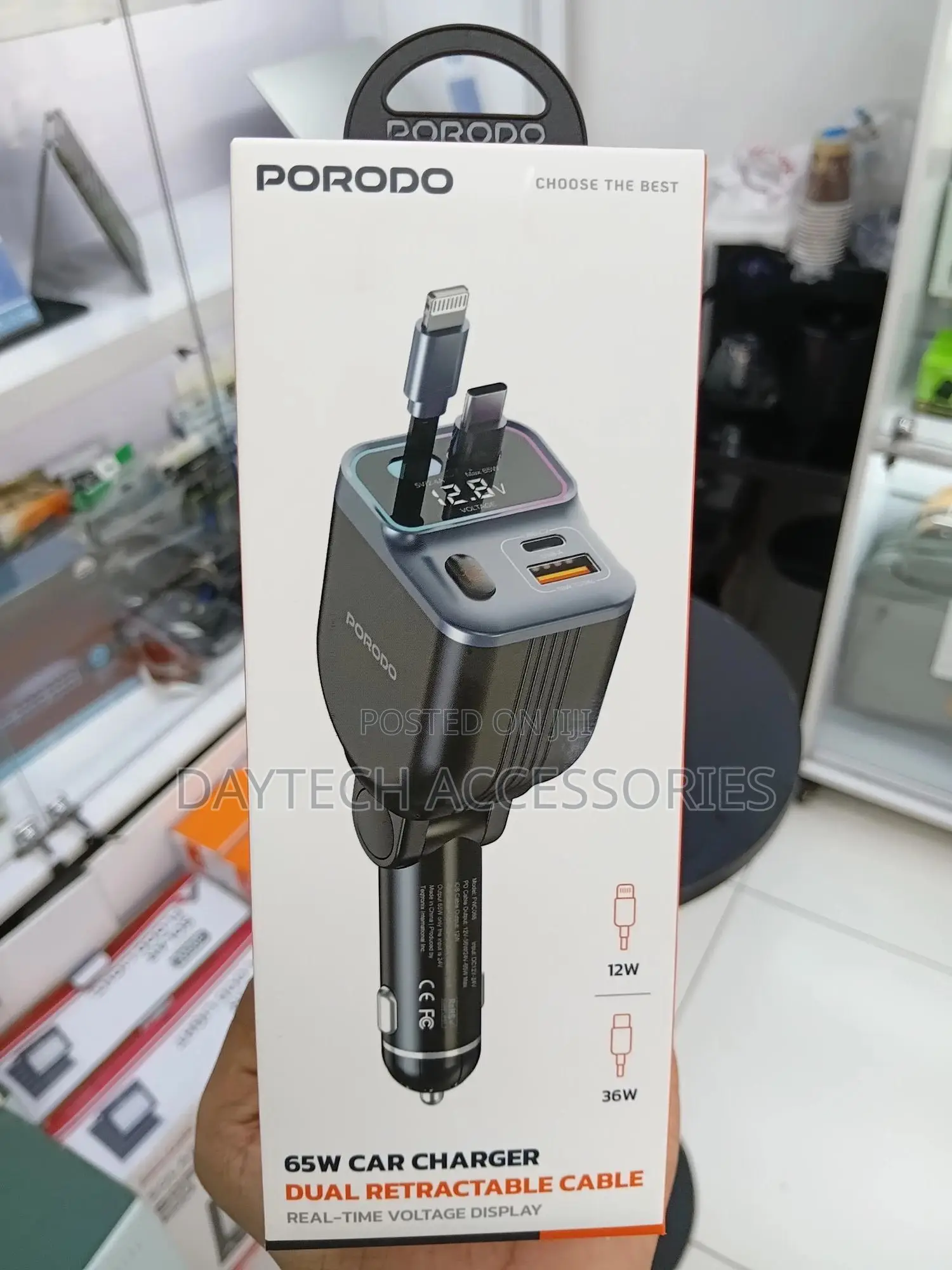 The Porodo 65w Car Charger With Dual Retractable Cables.