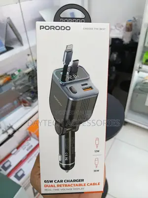 The Porodo 65w Car Charger With Dual Retractable Cables.