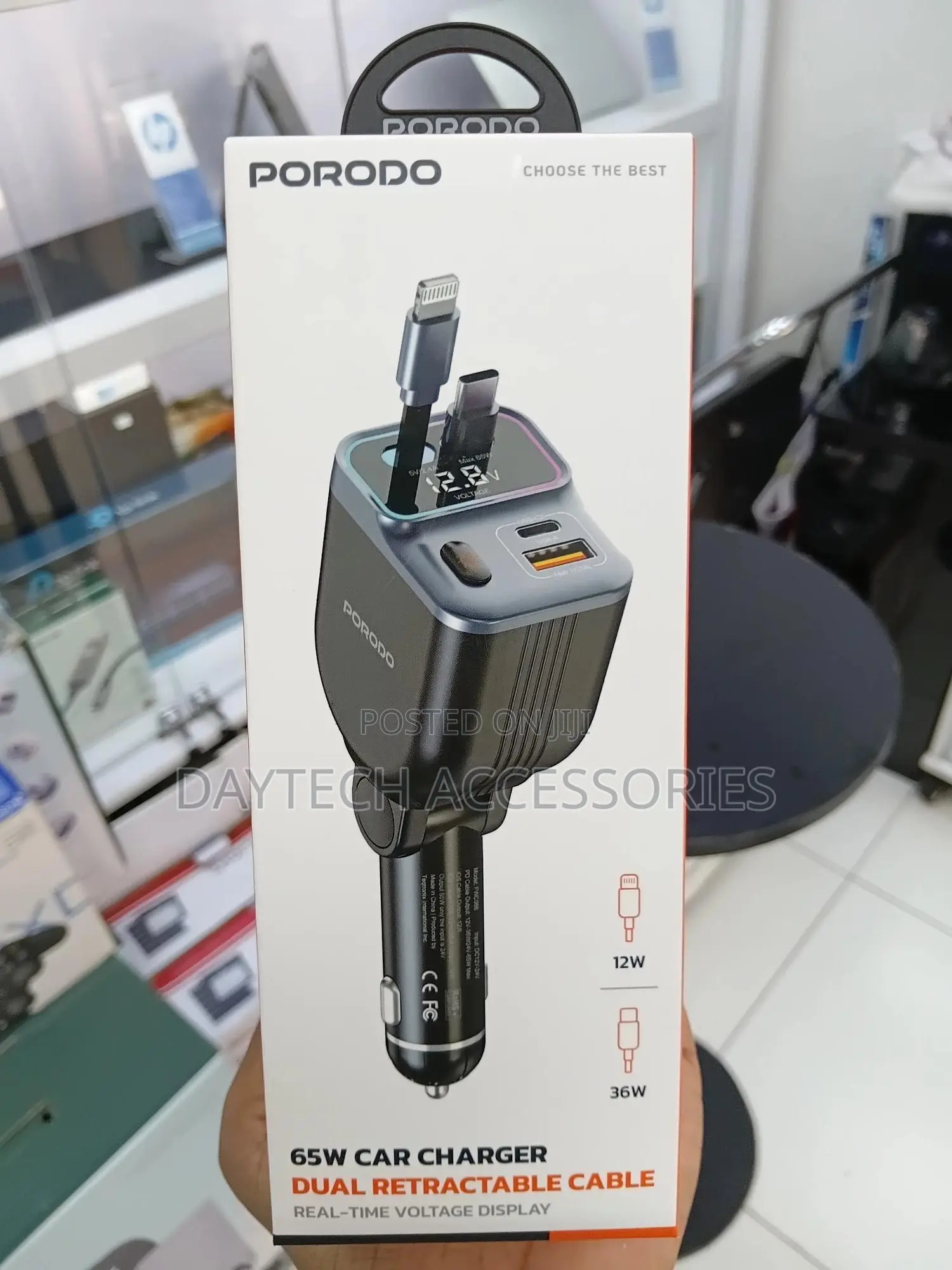 Porodo 65w 4-in-1 Car Charger Retractable Type-C Lightning Cables