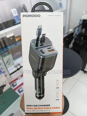 Porodo 65w 4-in-1 Car Charger Retractable Type-C Lightning Cables
