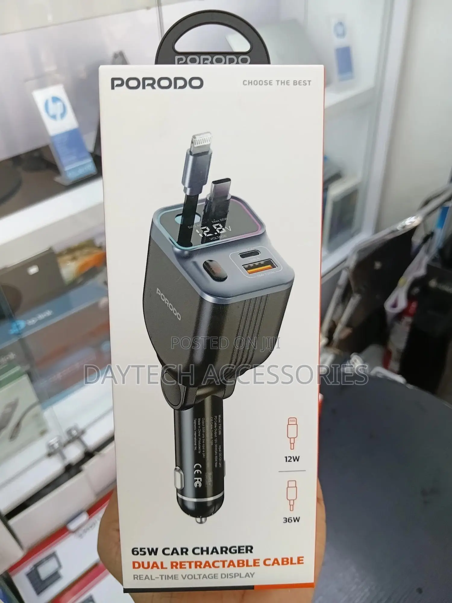 Porodo 65w 4-in-1 Car Charger Retractable Type-C Lightning Cables