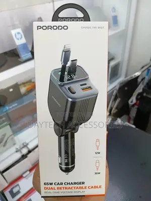 Porodo 65w 4-in-1 Car Charger Retractable Type-C Lightning Cables