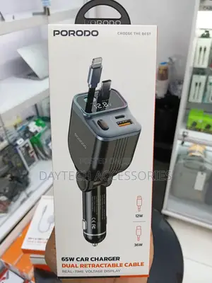 Porodo 65w Car Charger Dual Retractable Cables Typec Lightning - Black