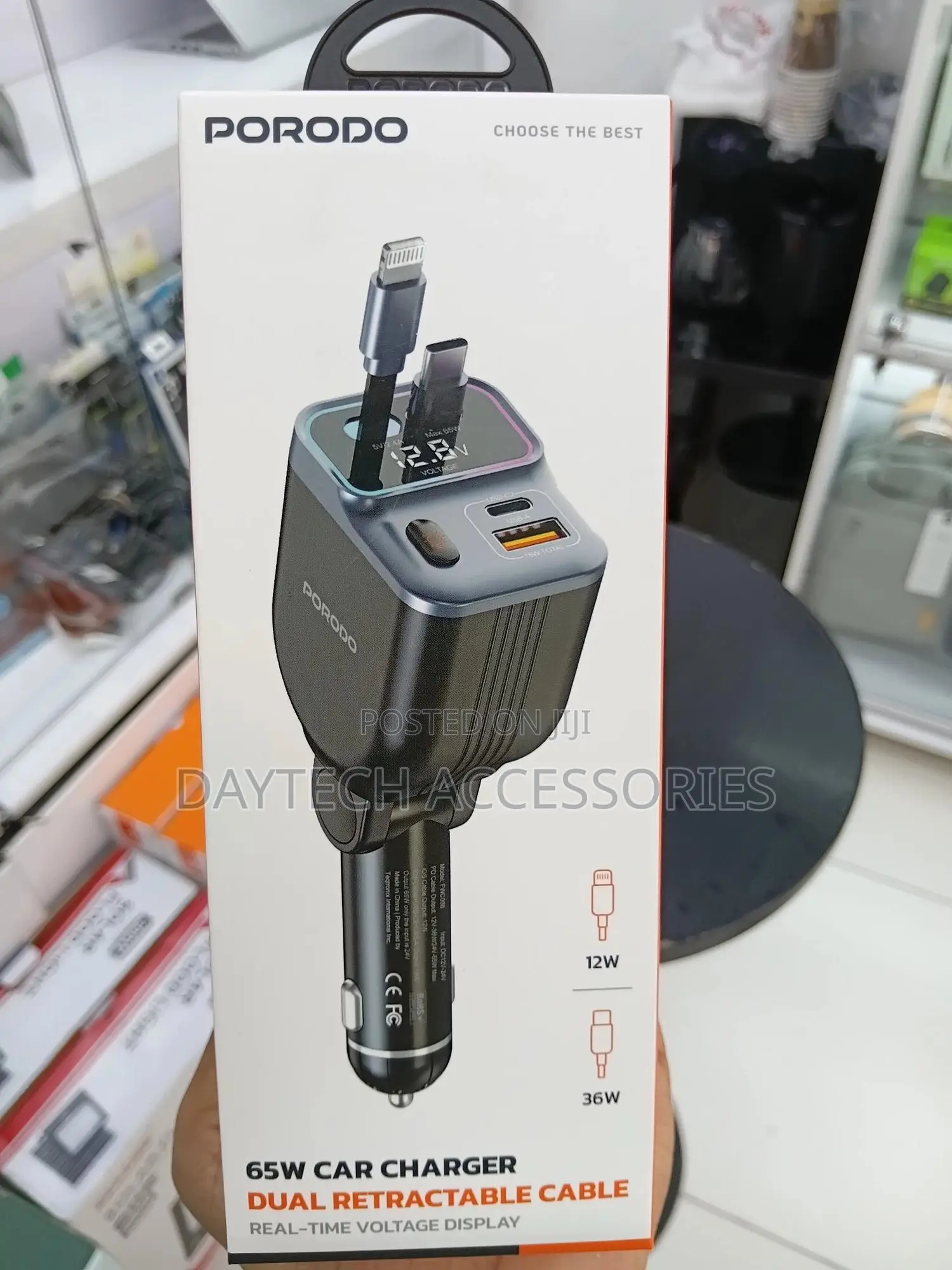 Porodo 65w Car Charger Dual Retractable Cables Typec Lightning - Black