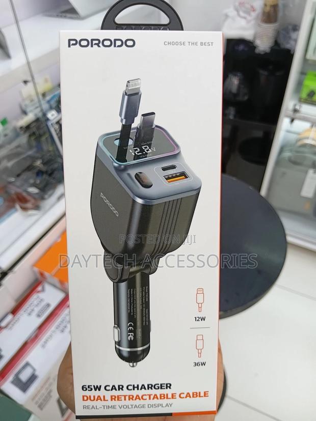 Porodo 65w Car Charger Dual Retractable Cables Typec Lightning - Black