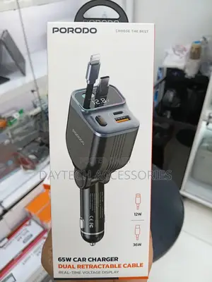 Porodo 65w Car Charger Dual Retractable Cables Typec Lightning - Black