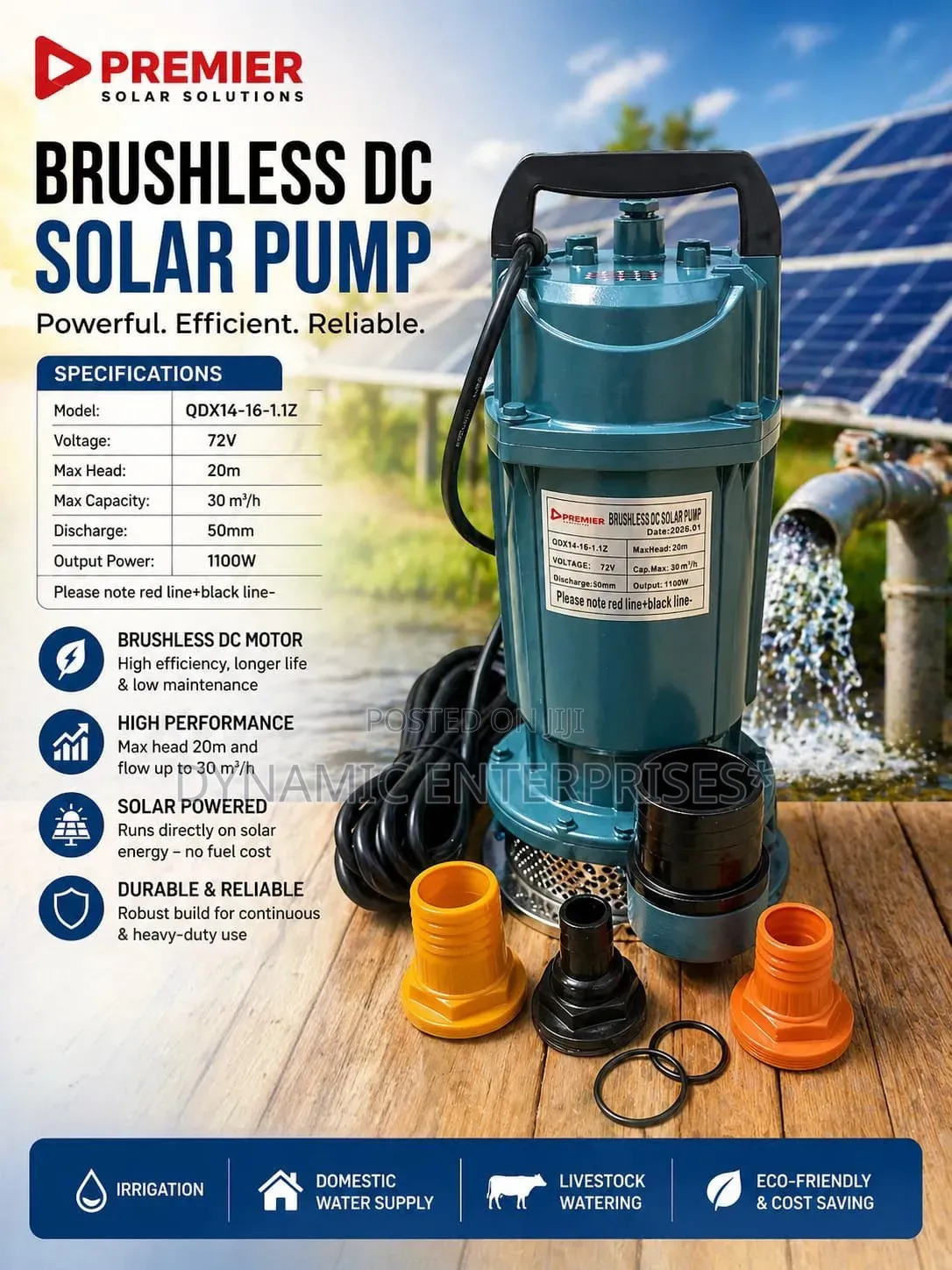 Premier 72v Brushless Dc Solar Submersible Pump (1100w)
