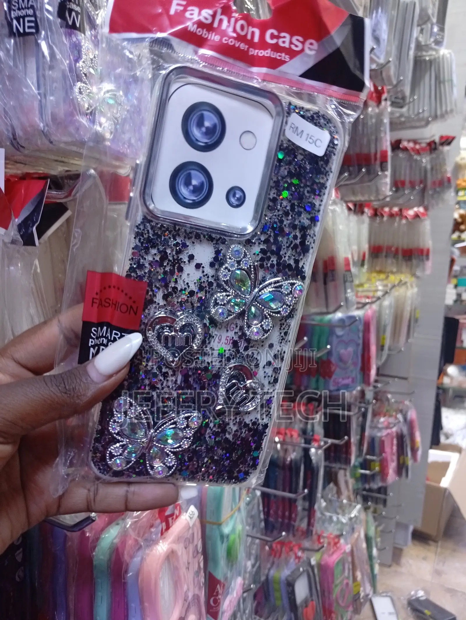 Rm 15c Decorative Phone Case Featuring Black Glitter