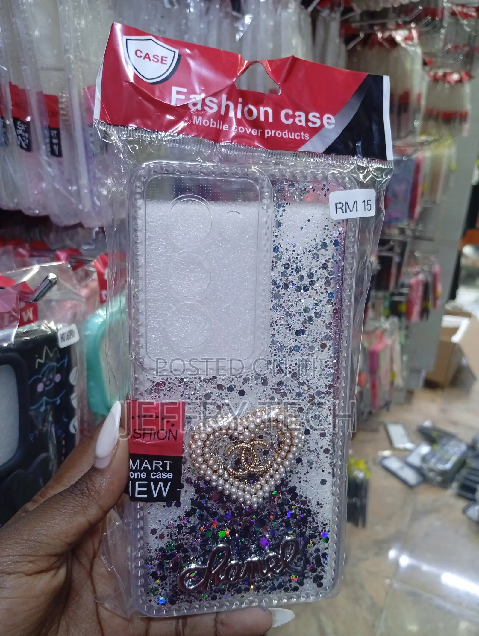 Rm 15 Glitter, a Heart-Shaped Pearl Accent, and a Logo Design Case