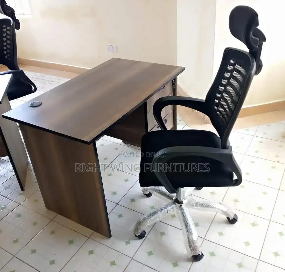 Walnut Office Table + Office Headrest Chair (Swivel)