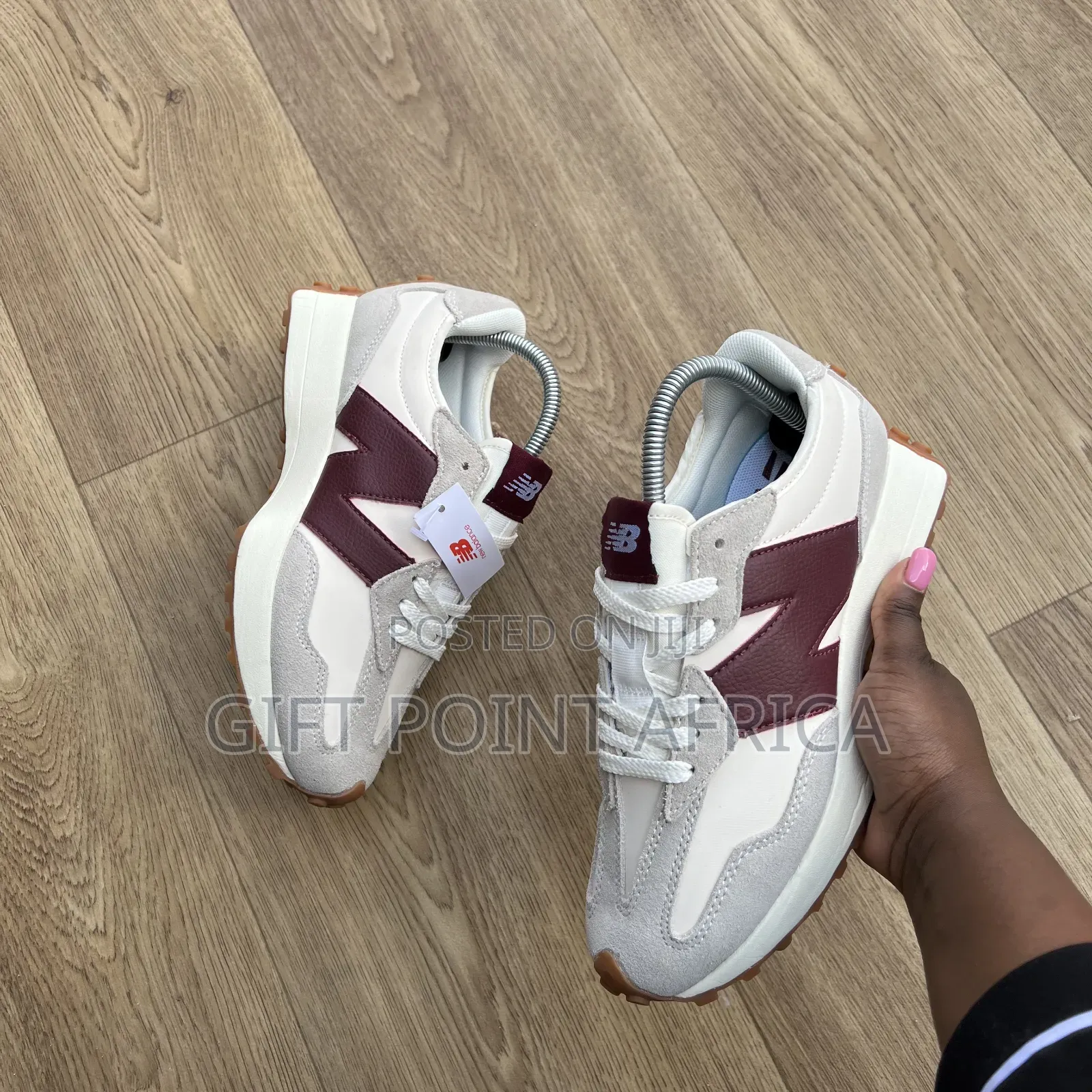 New Balance 327 in the Moonbeam With Burgundy Sneakers