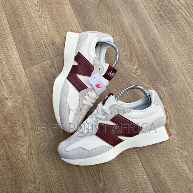 New Balance 327 in the Moonbeam With Burgundy Sneakers