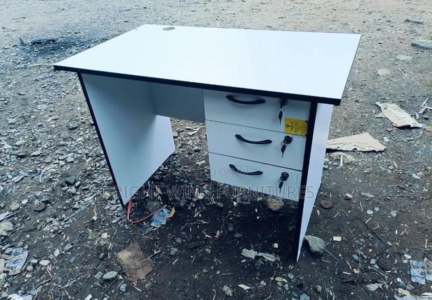 All White Office Table With Black Trips - main view