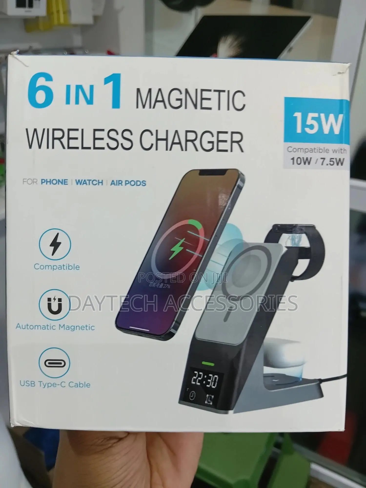 6 in 1 Magnetic Wireless Charger Qi With Led Light and Alarm Clock