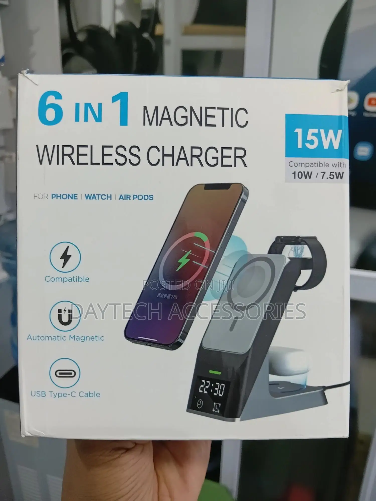 6 in 1 Magnetic Wireless Charger Qi With Led Light and Alarm Clock
