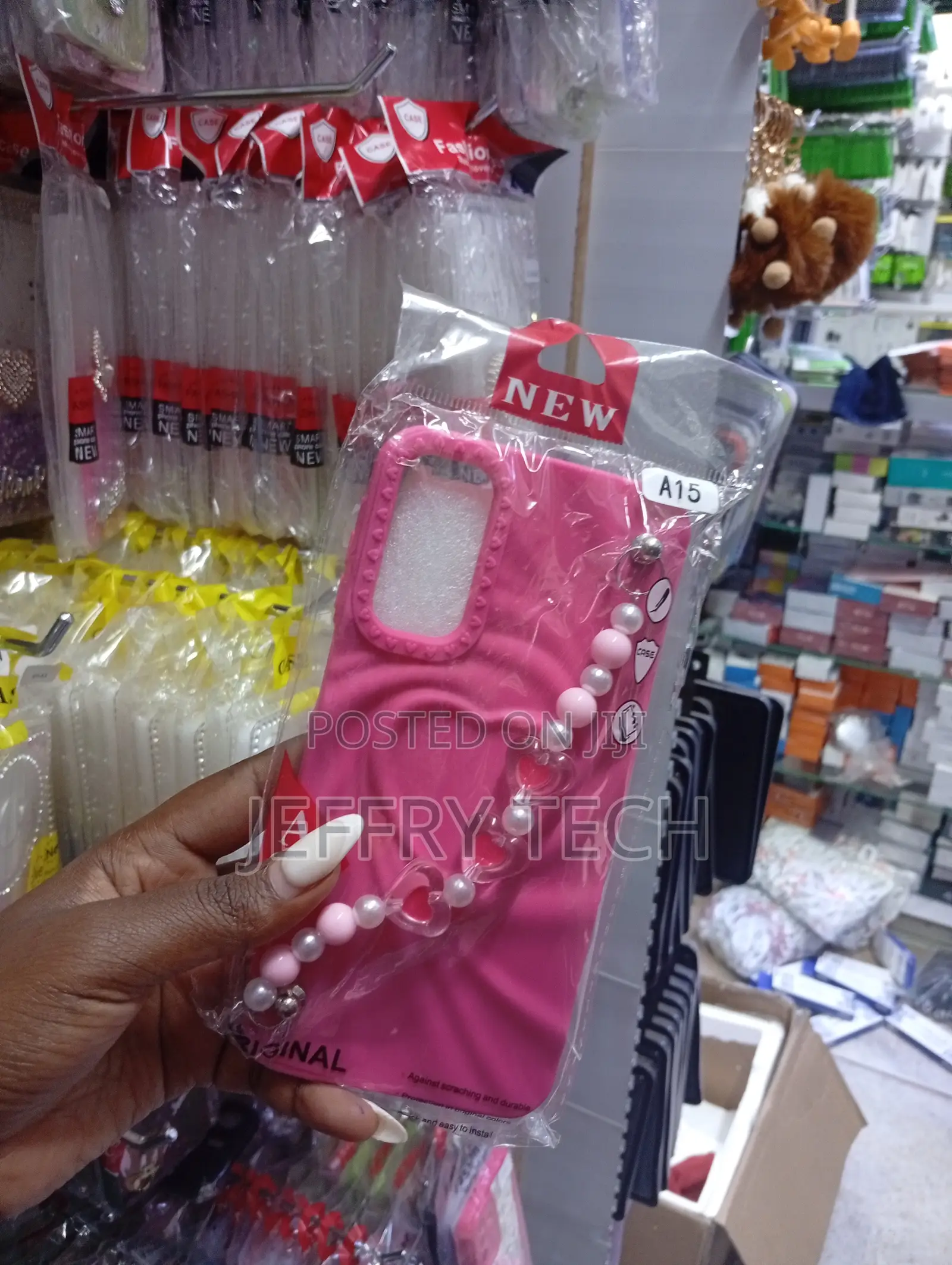 Samsung Galaxy A15 Pink Decorative Heart Charm $ Pearl-Style Bracelet