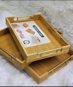 3pcs Bamboo Serving Tray Set With Gold Handles