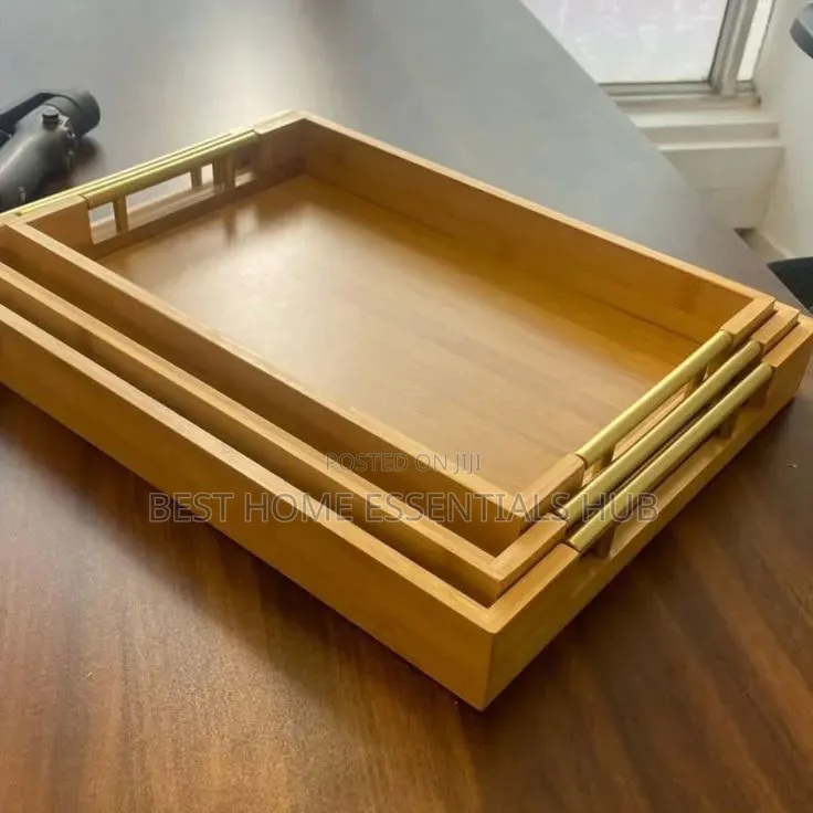 3pcs Bamboo Serving Tray Set With Gold Handles