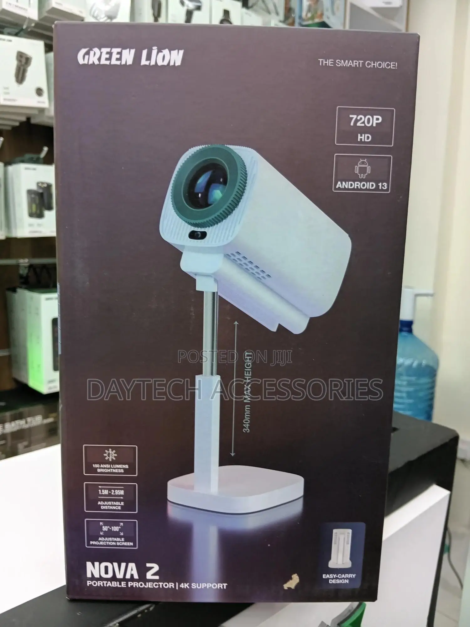 This Is a Green Lion Nova 2 Portable Projector With Support.