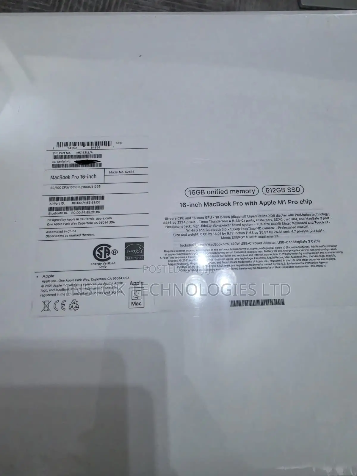 New Laptop Apple MacBook Pro M1 16GB Apple M1 Pro SSD 512GB