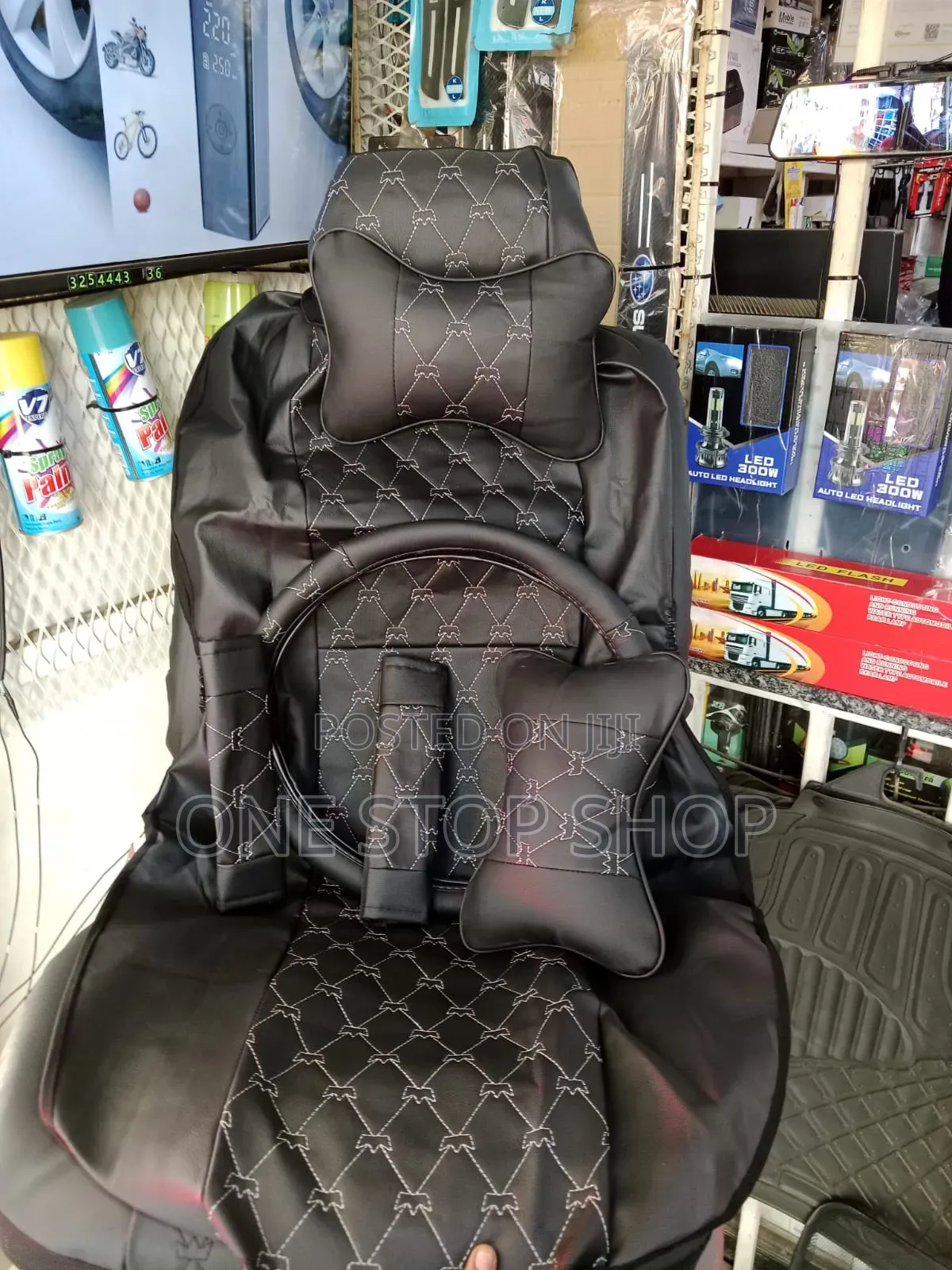 Leather Seat Cover With Coordinating White Stitched Wrap Pattern