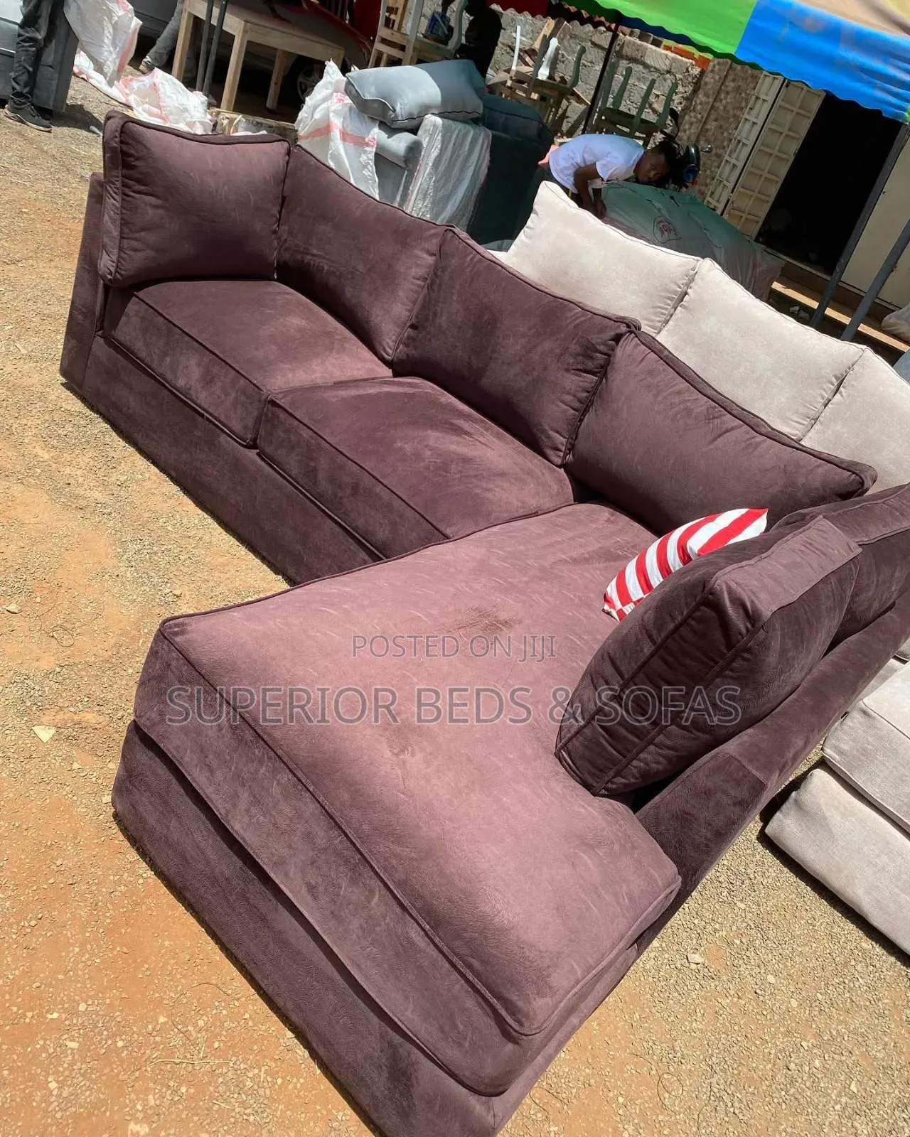 Brown L Shape Sofa With Pillows (5 Seater)