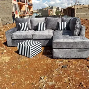 Black/Grey L Shape Sofa With Ottoman/Pillows