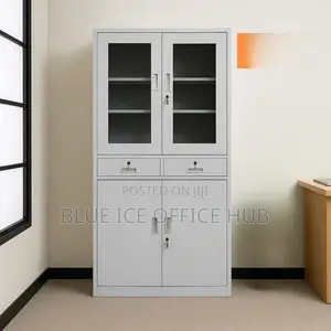 4-Door Office Filing Cabinet With Glass Displays and Lockable Drawers