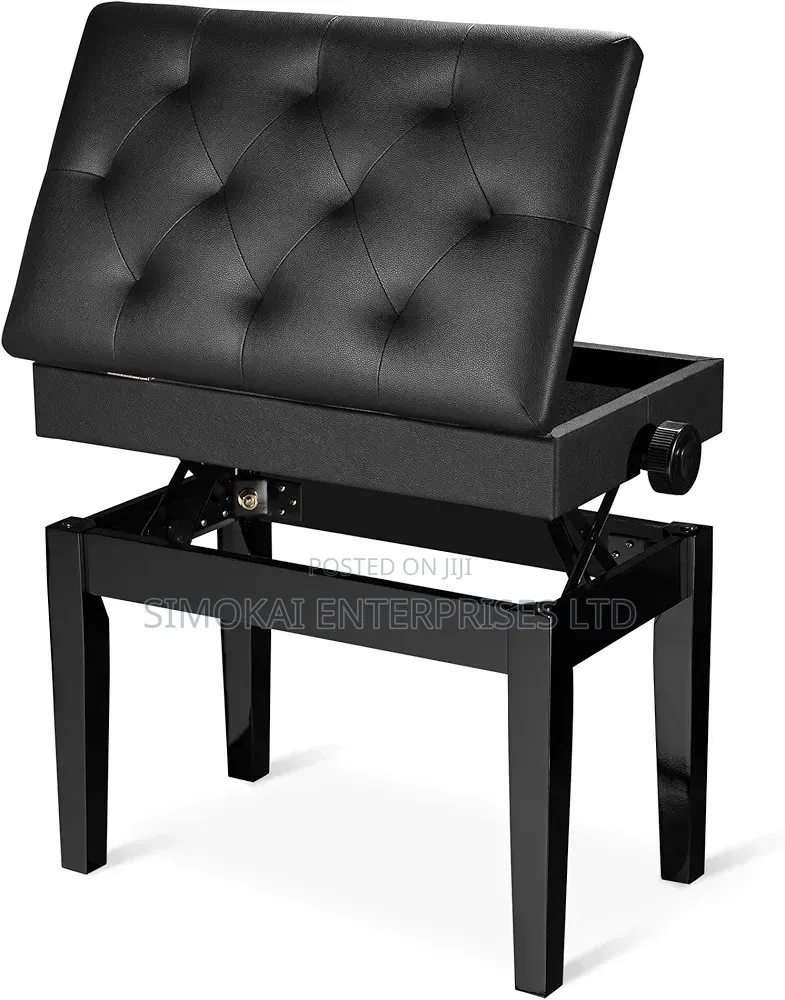 Adjustable Piano Bench With Storage Black Wooden Keyboard Stool Seat