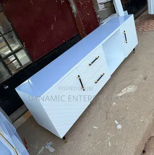 Modern 6ft Executive Tv Stand With Marble Top Gold Accents