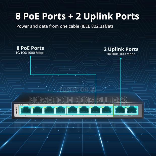D-Link 10-Port Gigabit Switch With 8 Long Poe Ports and 2 Uplink Ports