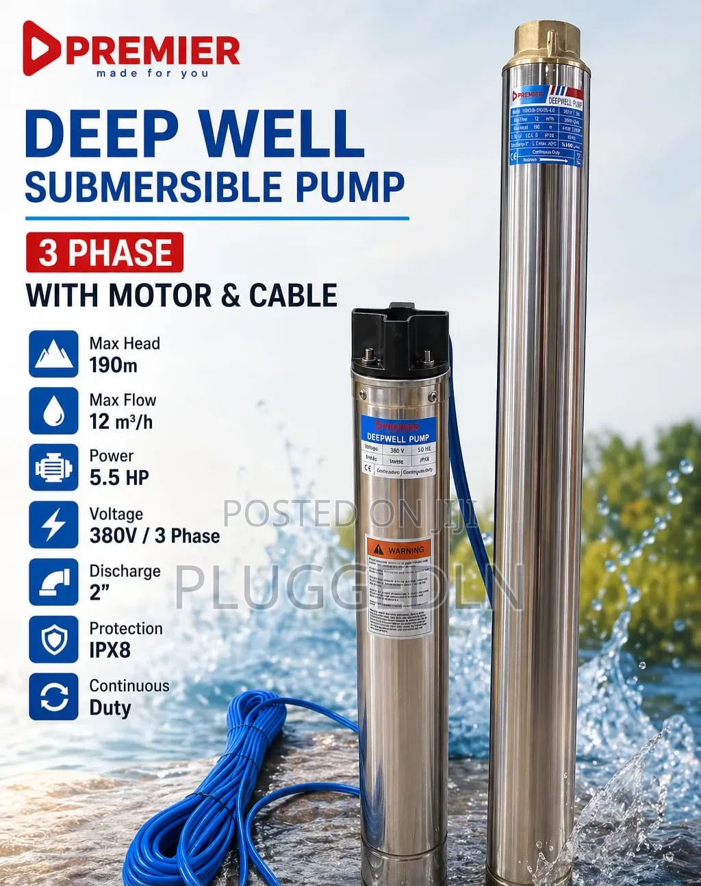 Premier Deep Well Submersible Pump 3-Phase Power. 5.5 Jp