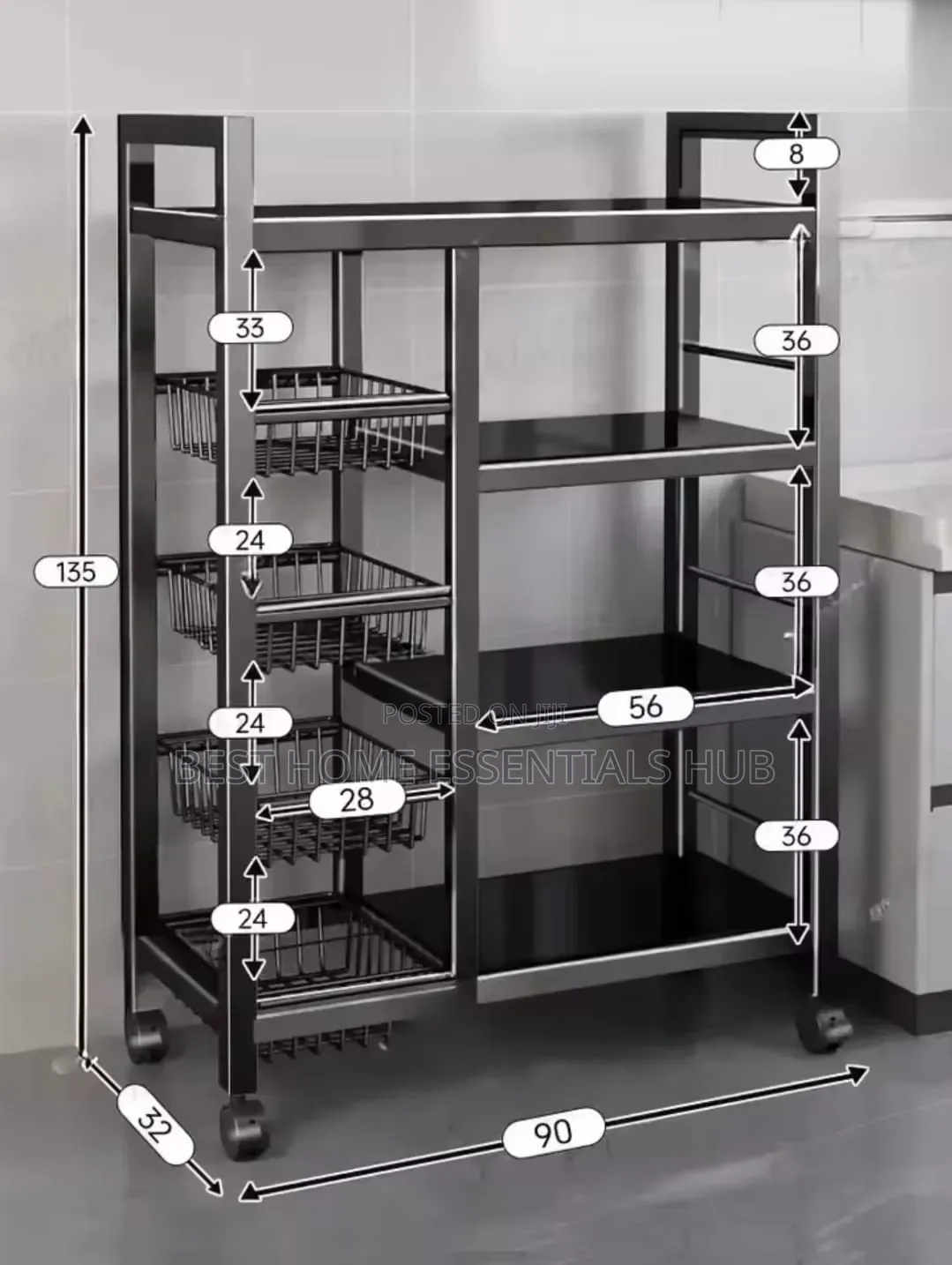 Multifunctional Strong Metallic Kitchen Rack With Wheels*90×32*135cm