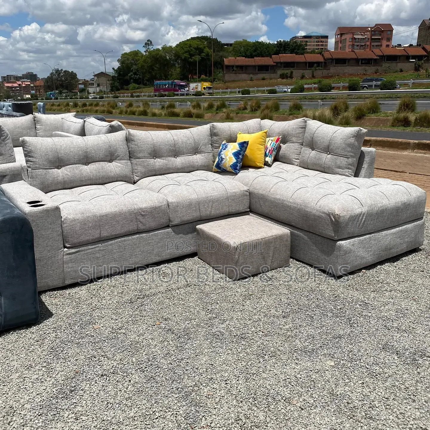 Grey 5 Seater L Shape Sofa With Ottoman